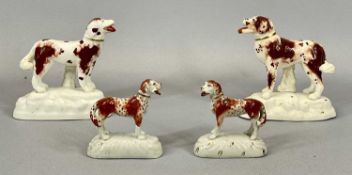 PAIR OF ENGLISH PORCELAIN POINTER DOGS CIRCA 1840, together with a similar pair of miniature English