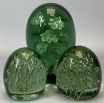 THREE VICTORIAN GREEN GLASS DUMPS, lot comprises a large example with interior vase of numerous