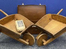 TWO CHILD'S SIZE WOODEN WHEELBARROWS - E G ARNOLD & SON LTD LEEDS LABELS and a vintage case