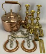 VICTORIAN CIRCULAR COPPER KETTLE with acorn finial, 31cms H, pair of Victorian brass candlesticks