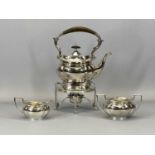 VINTAGE THREE-PIECE EPNS SPIRIT KETTLE ON STAND TEA SERVICE, 34.5cms H overall (the kettle on stand)