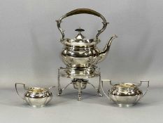 VINTAGE THREE-PIECE EPNS SPIRIT KETTLE ON STAND TEA SERVICE, 34.5cms H overall (the kettle on stand)