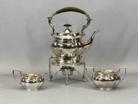 VINTAGE THREE-PIECE EPNS SPIRIT KETTLE ON STAND TEA SERVICE, 34.5cms H overall (the kettle on stand)