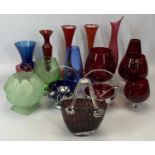 COLOURFUL & DECORATIVE GLASSWARE GROUP, mostly vases of various shapes and colours, along with 2 x