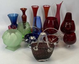 COLOURFUL & DECORATIVE GLASSWARE GROUP, mostly vases of various shapes and colours, along with 2 x