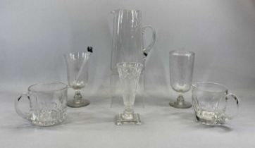 MIXED GLASSWARE, LARGE PLAIN TAPERED GLASS PITCHER with loop handle, 28cms H, cut glass carafe,