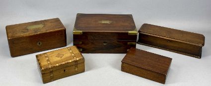 TWO BRASS INLAID MILITARY STYLE MAHOGANY BOXES, together with three others Provenance: private