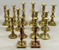 EIGHT PAIRS OF VICTORIAN BRASS CANDLESTICKS, 22.5cms H (the tallest) Provenance: private