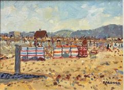 KEITH GARDNER RCA (British, b. 1933) oil on board - titled verso 'Red, White, Blue Windbreaks, Beach