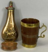 CEDARWOOD STAVED TANKARD, mid-19th Century, possibly Dutch, with brass rim foot and shaped loop