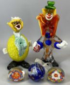 TWO MURANO GLASS CLOWNS, 2 x millefiori paperweights and a similar Christmas tree bauble, 25cms H,