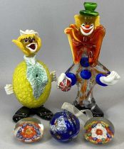 TWO MURANO GLASS CLOWNS, 2 x millefiori paperweights and a similar Christmas tree bauble, 25cms H,