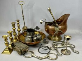 TWO PAIRS OF VICTORIAN BRASS CANDLESTICKS, 20cms H (the tallest), Victorian brass half bell doorstop