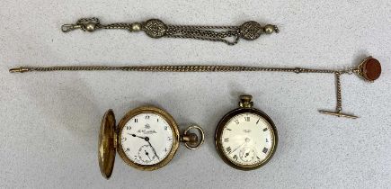TWO GILT METAL CASED POCKET WATCHES & ASSOCIATED ITEMS, comprising a Thomas Russell & Son gold