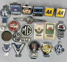 COLLECTION OF VINTAGE CHROME & ENAMEL CAR BADGES, various other car badges, belt buckles, whistles