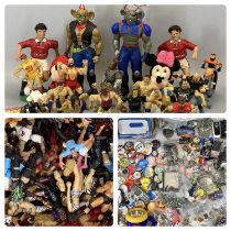 VARIOUS ACTION FIGURES, BADGES, RETRO MOBILE PHONES, BAGS OF MARBLES & OTHER COLLECTABLES