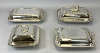 FOUR SILVER PLATES LIDDED ENTREE DISHES, 3 x rectangular with gadrooned borders, 28cms across (the