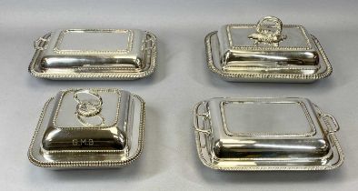 FOUR SILVER PLATES LIDDED ENTREE DISHES, 3 x rectangular with gadrooned borders, 28cms across (the