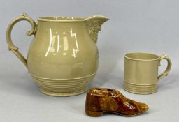 EARLY 19TH CENTURY MINTON-STYLE DRABWARE MOULDED & REEDED JUG WITH BACCHUS MASK SPOUT, 19cms H, a