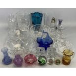 MIXED CUT & COLOURFUL GLASSWARE GROUP, to include fruit bowls, vases, tableware and cabinet