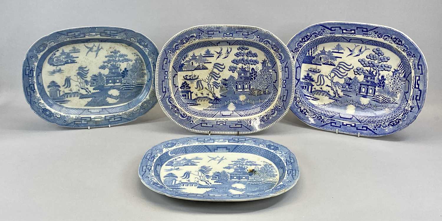 SIX VICTORIAN BLUE & WHITE WILLOW PATTERN TRANSFER DECORATED OVAL MEAT PLATES, 31.5 x 40cms (the - Image 3 of 3
