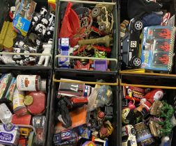 TOYS ASSORTMENT: SIX CRATES OF PLASTIC TOYS, including vehicles, figures, some vintage ETC