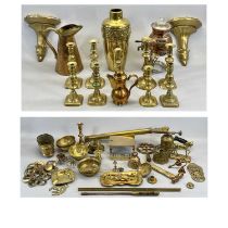 LARGE COLLECTION OF VICTORIAN & LATER BRASSWARE including candlesticks, embossed brass baluster form