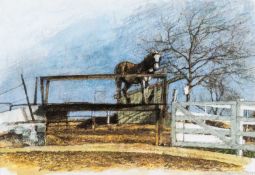 ‡ KEITH BOWEN mixed media - entitled verso, 'Amish Horse on Farmyard Deck', signed, 34 x 49cms