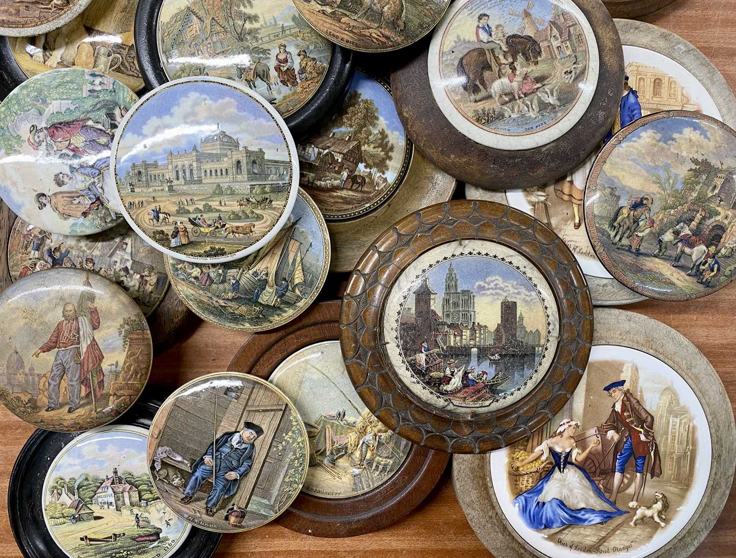 MID 19TH CENTURY PRATTWARE TRANSFER PRINTED POT LIDS, LARGE COLLECTION, many framed Provenance: - Image 2 of 3