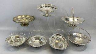 SEVEN VARIOUS SILVER PLATED SWING-HANDLED FRUIT / BREAD BASKETS, various designs, most having