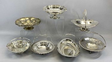 SEVEN VARIOUS SILVER PLATED SWING-HANDLED FRUIT / BREAD BASKETS, various designs, most having