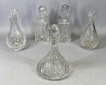 TWO SQUARE CUT GLASS DECANTERS & STOPPERS, 28cms H, 2 x cut glass carafes, 27cms H, and circular cut