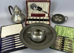CASED EPNS & OTHER CUTLERY & FOUR ITEMS OF BEATEN ENGLISH PEWTER includes Arts & Crafts-style