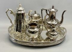 FOUR-PIECE BRIGHT CUT TEA SERVICE & LARGE NON-MATCHING COFFEE POT ON A LATER TWO-HANDLED GALLERIED