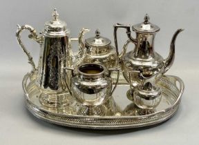 FOUR-PIECE BRIGHT CUT TEA SERVICE & LARGE NON-MATCHING COFFEE POT ON A LATER TWO-HANDLED GALLERIED
