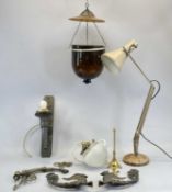 VINTAGE ANGLEPOISE DESK LAMP, amber glass bell shaped light fitting with cover, bronze single branch