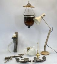 VINTAGE ANGLEPOISE DESK LAMP, amber glass bell shaped light fitting with cover, bronze single branch