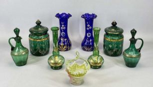 VICTORIAN COLOURFUL GLASSWARE GROUP comprising a pair of green biscuit barrels and covers, 21cms