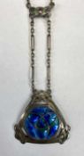 MURRLE BENNETT ART NOUVEAU SILVER & ENAMEL PENDANT NECKLACE, the triangular shaped pendant having