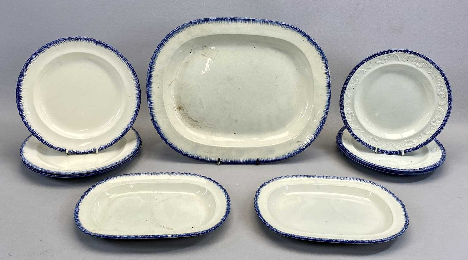 SEVEN VICTORIAN BLUE & WHITE WILLOW PATTERN TRANSFER DECORATED OVAL PLATES, 18 x 25cms, and - Image 2 of 3