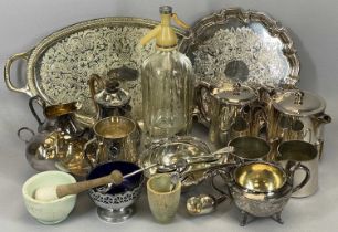 MIXED QUANTITY OF EPNS & OTHER TABLEWARES including a Schweppes soda syphon, pottery mortar and