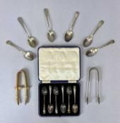 GEORGE III CHESTER 1814 SILVER SUGAR TONGS, 2 x sets of six EPNS spoons, cased and boxed, and a