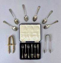 GEORGE III CHESTER 1814 SILVER SUGAR TONGS, 2 x sets of six EPNS spoons, cased and boxed, and a