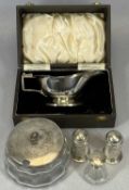 HALLMARKED SILVER GROUP OF FIVE ITEMS, comprising a cased sauce / gravy boat, Sheffield 1940, Cooper