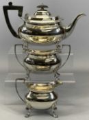 THREE-PIECE SILVER TEA SERVICE comprising teapot with ebonised handle and lid finial, 16.5cms
