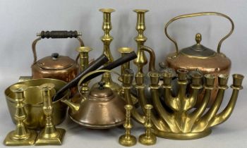 CAST BRASS HEBREW MENORAH, 35cms W, 4 x pairs of Victorian brass candlesticks, 30cms H, 2 x circular