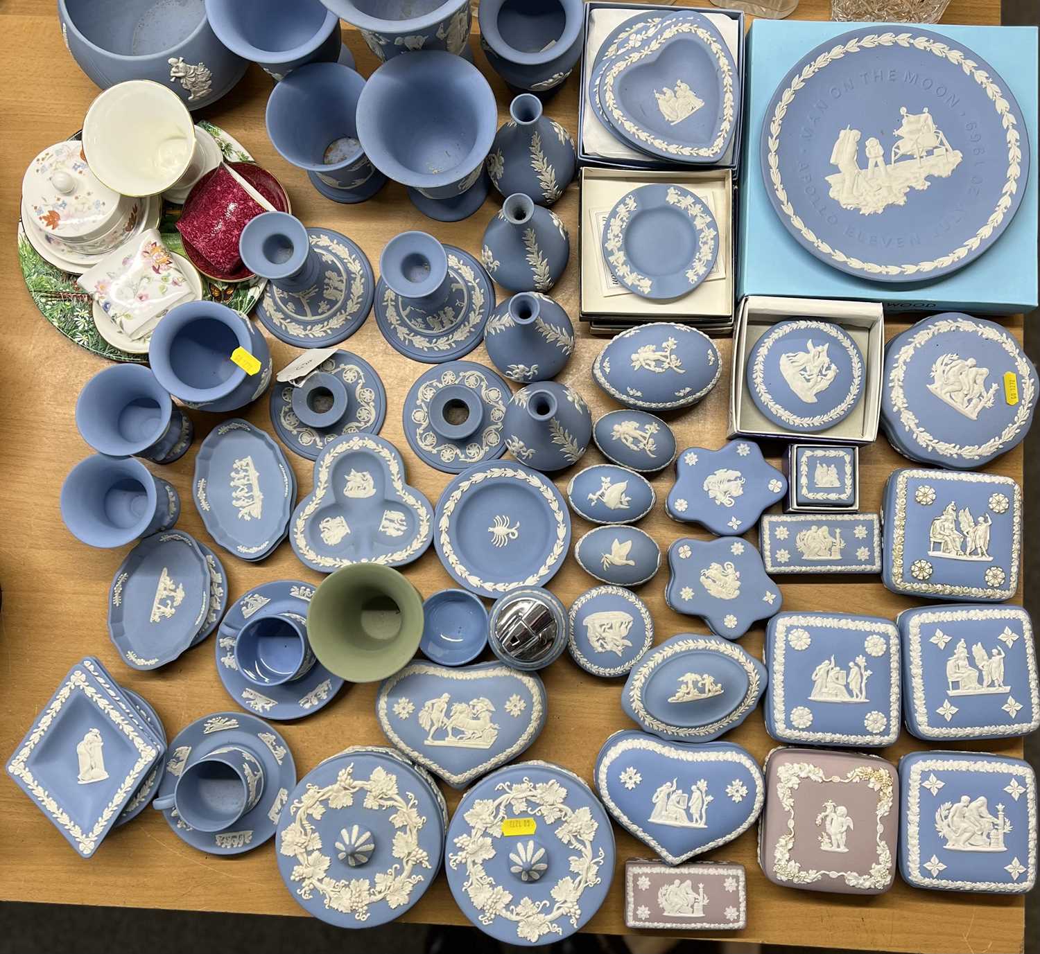 LARGE COLLECTION OF WEDGWOOD BLUE & WHITE JASPERWARE including vases, lidded trinket boxes, pin
