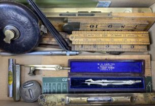 CARPENTRY & OTHER VINTAGE TOOLS, MEASURES AND SPIRIT LEVELS ETC including boxed set of cutters for