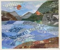 JOSIE RUSSELL (20th Century) fabric collage - patchwork landscape with building to side, signed in