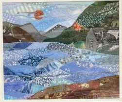 JOSIE RUSSELL (20th Century) fabric collage - patchwork landscape with building to side, signed in